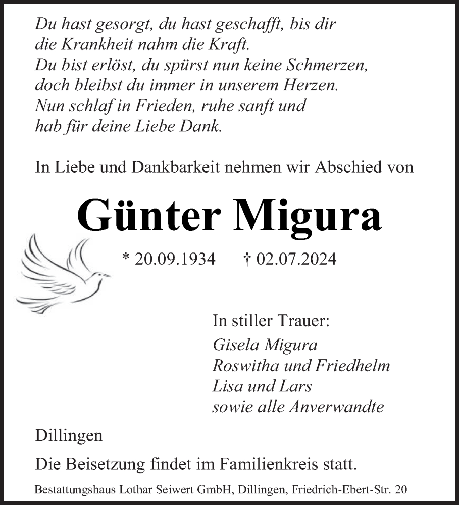  Traueranzeige für Günter Migura vom 06.07.2024 aus saarbruecker_zeitung