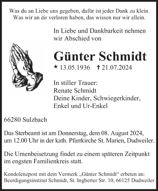 Traueranzeige von Günter Schmidt von saarbruecker_zeitung