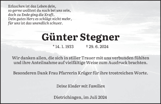Traueranzeige von Günter Stegner von saarbruecker_zeitung