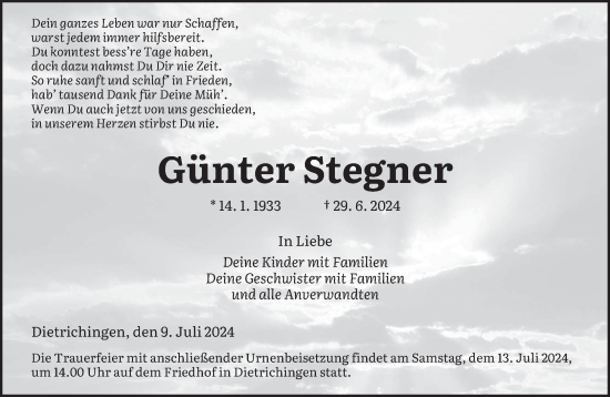 Traueranzeige von Günter Stegner von saarbruecker_zeitung