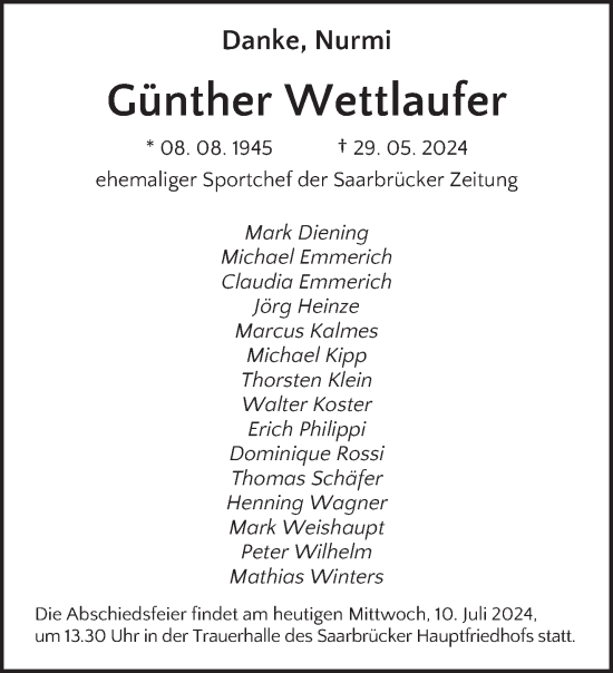 Traueranzeige von Günther Wettlaufer von saarbruecker_zeitung