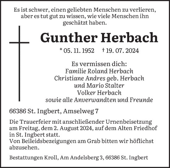 Traueranzeige von Gunther Herbach von saarbruecker_zeitung