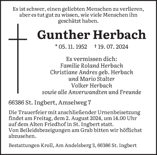 Traueranzeige von Gunther Herbach von saarbruecker_zeitung