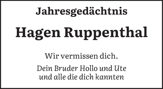Traueranzeige von Hagen Ruppenthal von saarbruecker_zeitung