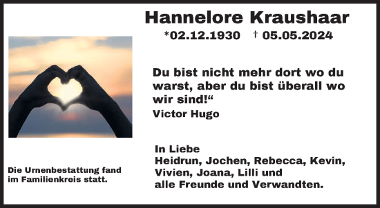 Traueranzeige von Hannelore Kraushaar von saarbruecker_zeitung