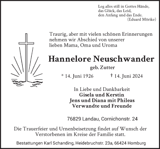 Traueranzeige von Hannelore Neuschwander von saarbruecker_zeitung