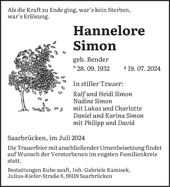 Traueranzeige von Hannelore Simon von saarbruecker_zeitung