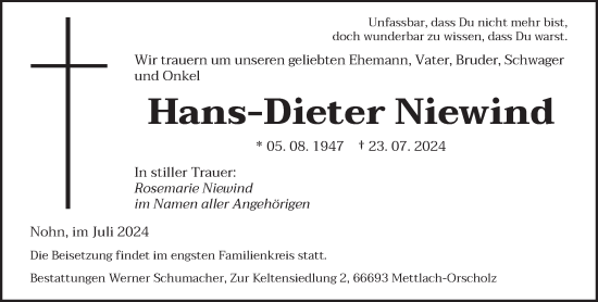 Traueranzeige von Hans-Dieter Niewind von saarbruecker_zeitung