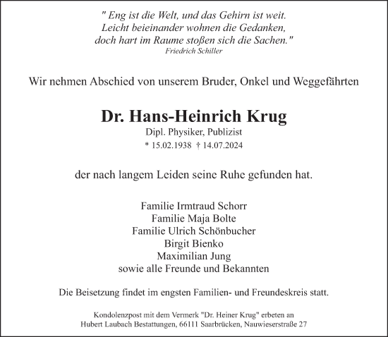 Traueranzeige von Hans-Heinrich Krug von saarbruecker_zeitung