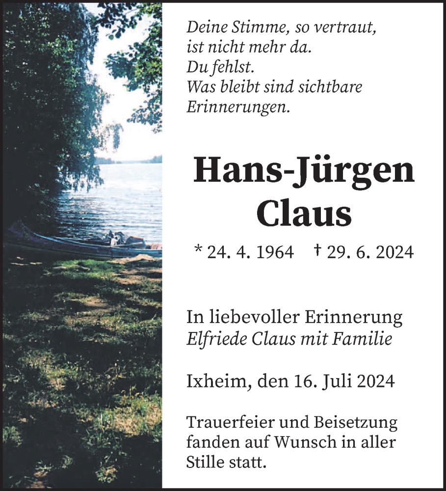  Traueranzeige für Hans-Jürgen Claus vom 16.07.2024 aus saarbruecker_zeitung