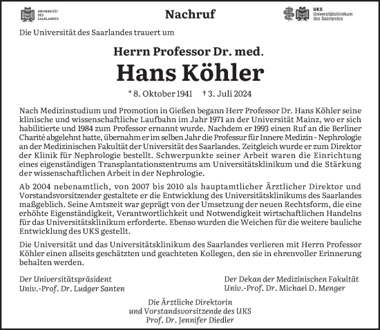 Traueranzeige von Hans Köhler von saarbruecker_zeitung