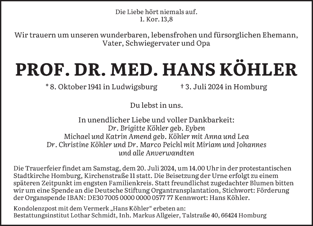  Traueranzeige für Hans Köhler vom 13.07.2024 aus saarbruecker_zeitung