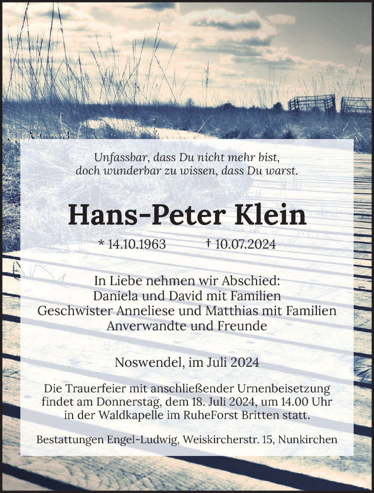  Traueranzeige für Hans-Peter Klein vom 13.07.2024 aus saarbruecker_zeitung