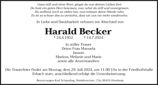 Traueranzeige von Harald Becker von saarbruecker_zeitung