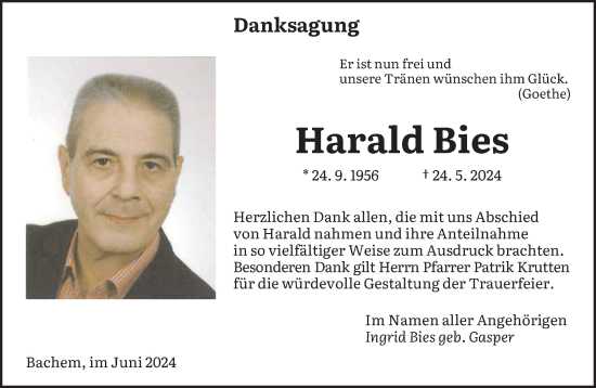 Traueranzeige von Harald Bies von saarbruecker_zeitung