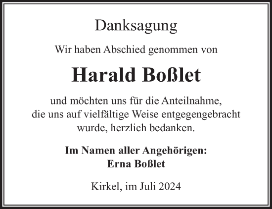 Traueranzeige von Harald Boßlet von saarbruecker_zeitung