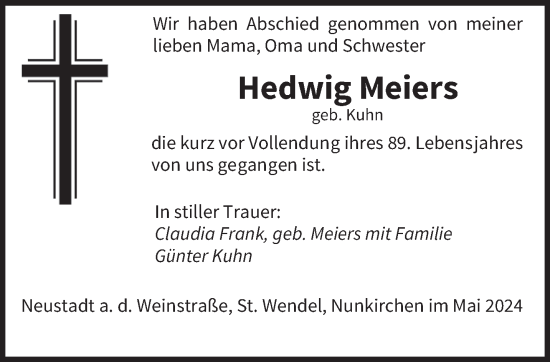 Traueranzeige von Hedwig Meiers von saarbruecker_zeitung