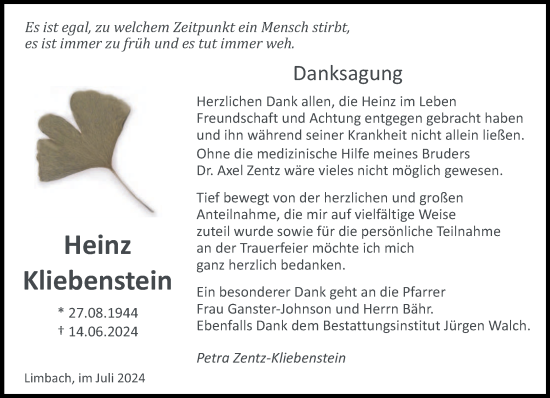 Traueranzeige von Heinz Kliebenstein von saarbruecker_zeitung