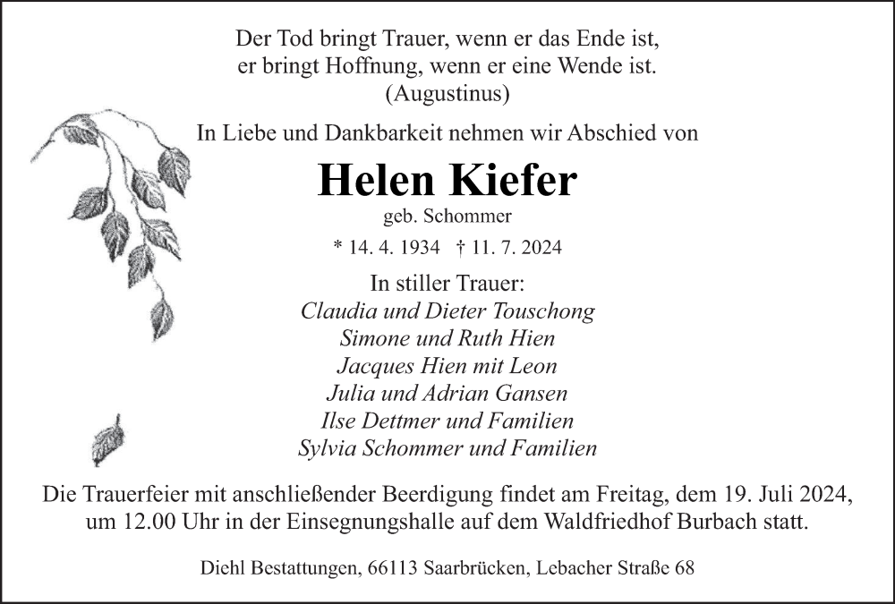  Traueranzeige für Helen Kiefer vom 17.07.2024 aus saarbruecker_zeitung