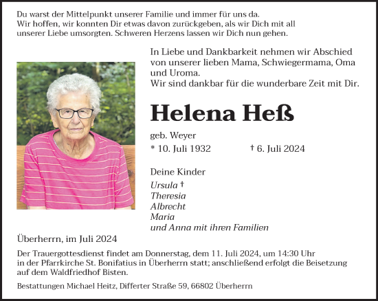 Traueranzeige von Helena Heß von saarbruecker_zeitung