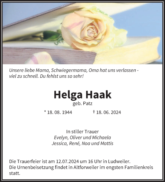 Traueranzeige von Helga Haak von saarbruecker_zeitung