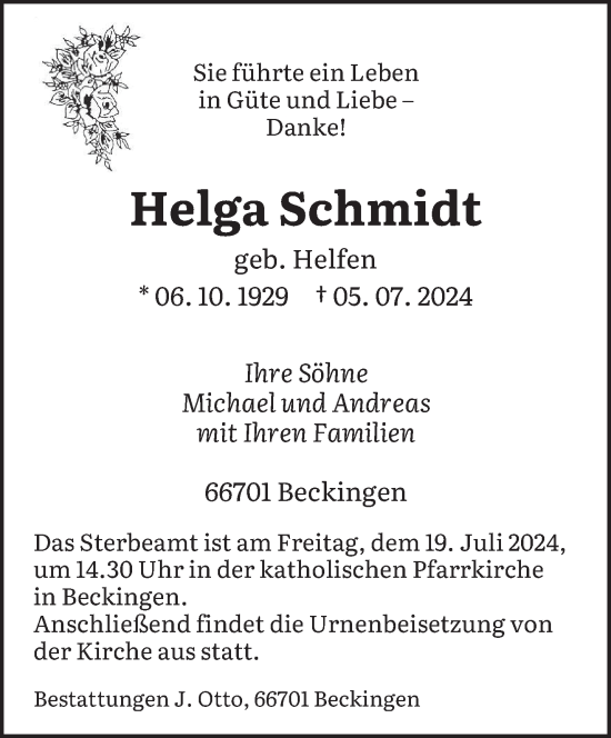 Traueranzeige von Helga Schmidt von saarbruecker_zeitung