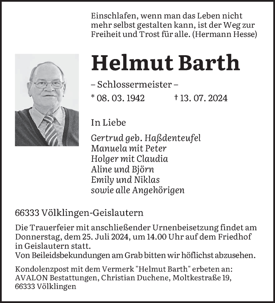  Traueranzeige für Helmut Barth vom 20.07.2024 aus saarbruecker_zeitung