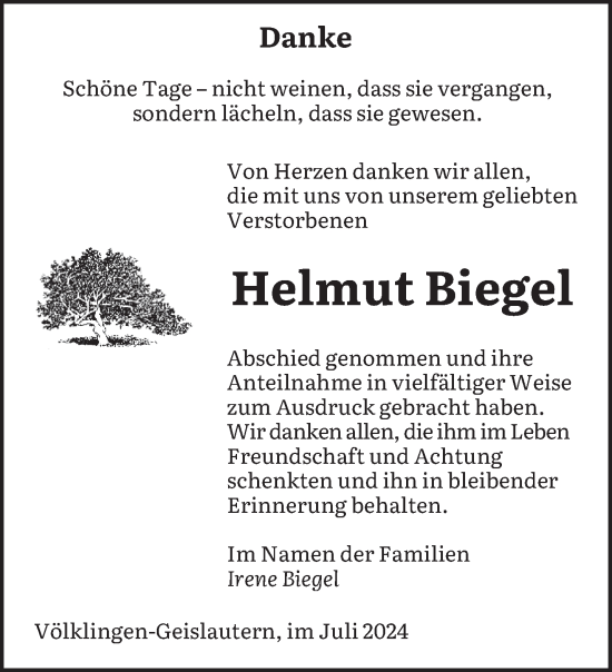 Traueranzeige von Helmut Biegel von saarbruecker_zeitung