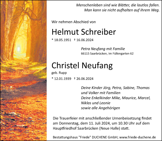 Traueranzeige von Helmut und Christel Schreiber von saarbruecker_zeitung