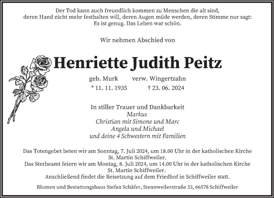 Traueranzeige von Henriette Judith Peitz von saarbruecker_zeitung