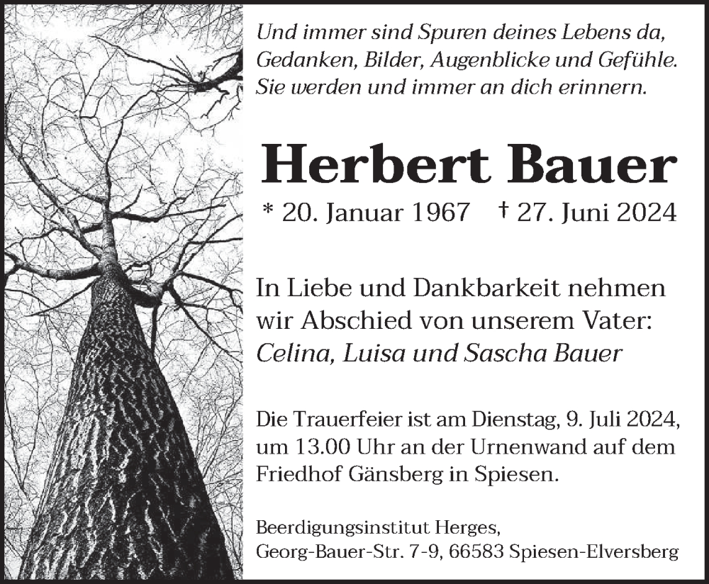  Traueranzeige für Herbert Bauer vom 06.07.2024 aus saarbruecker_zeitung