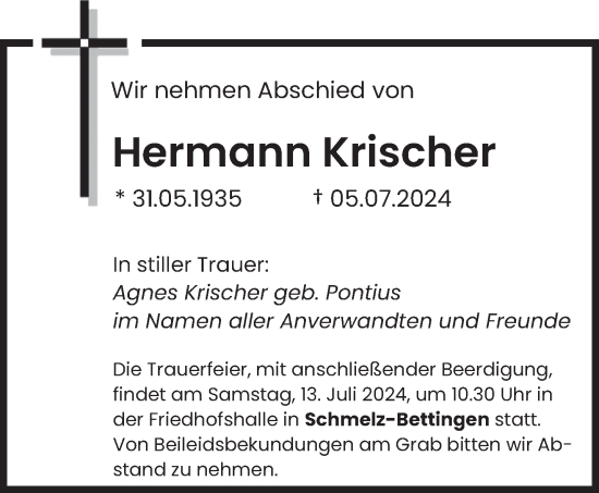 Traueranzeige von Hermann Krischer von saarbruecker_zeitung