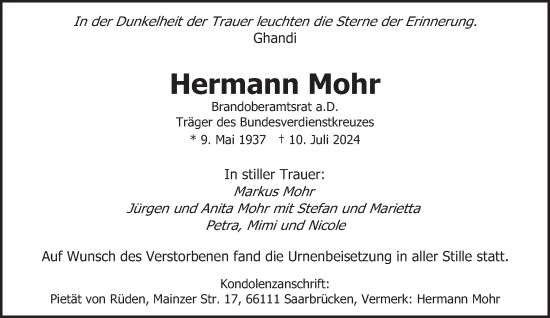 Traueranzeige von Hermann Mohr von saarbruecker_zeitung