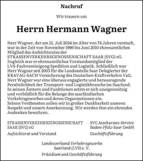 Traueranzeige von Hermann Wagner von saarbruecker_zeitung