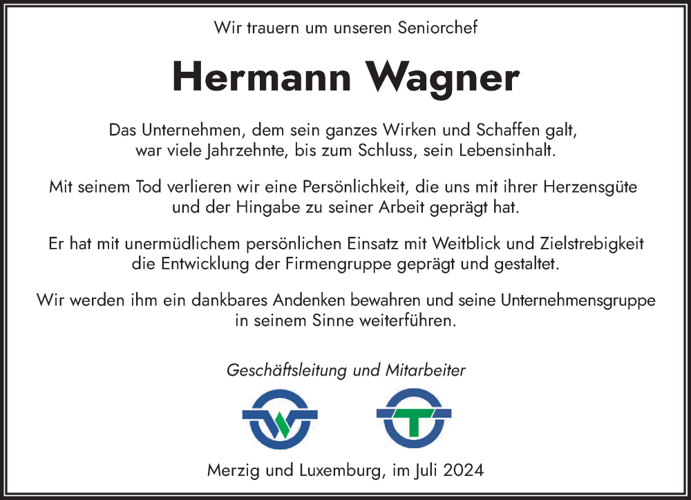  Traueranzeige für Hermann Wagner vom 17.07.2024 aus saarbruecker_zeitung