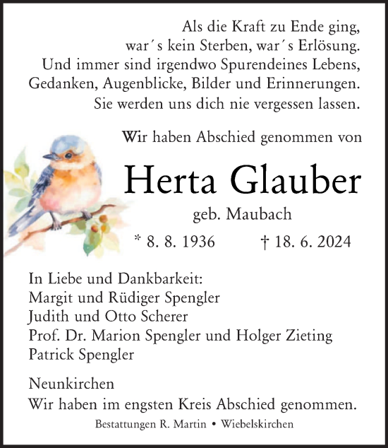 Traueranzeige von Herta Glauber von saarbruecker_zeitung