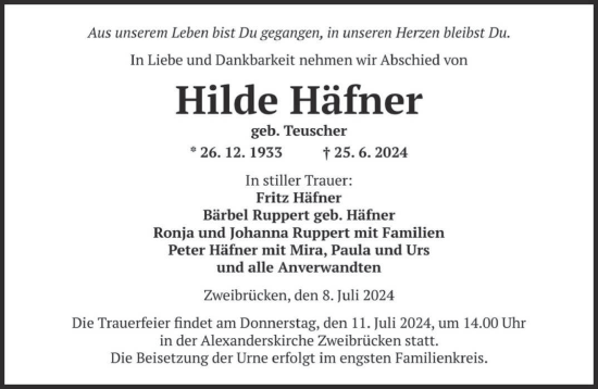 Traueranzeige von Hilde Häfner von saarbruecker_zeitung