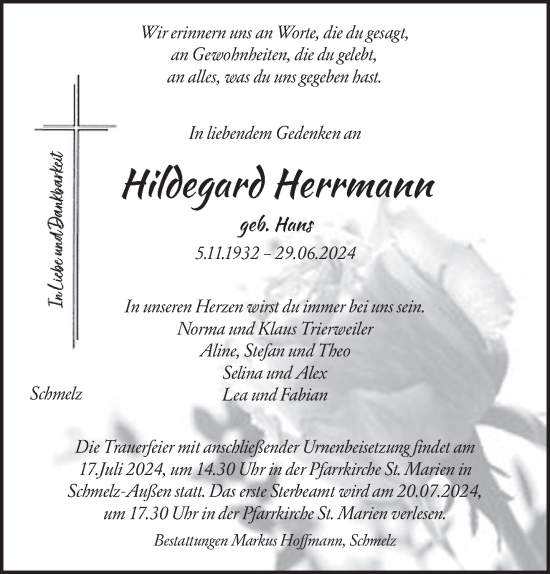 Traueranzeige von Hildegard Herrmann von saarbruecker_zeitung
