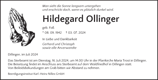 Traueranzeige von Hildegard Ollinger von saarbruecker_zeitung