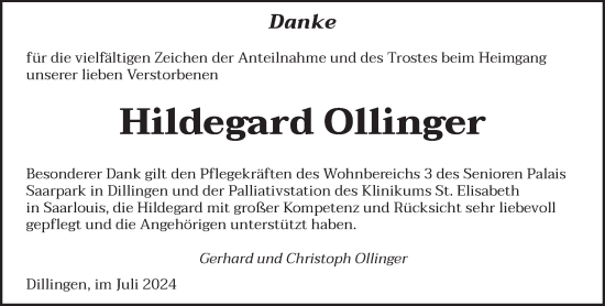 Traueranzeige von Hildegard Ollinger von saarbruecker_zeitung
