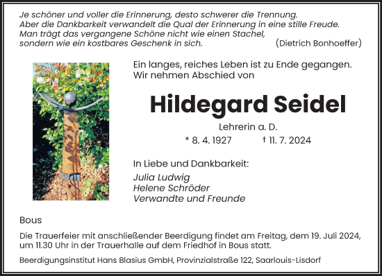 Traueranzeige von Hildegard Seidel von saarbruecker_zeitung