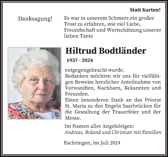 Traueranzeige von Hiltrud Bodtländer von saarbruecker_zeitung