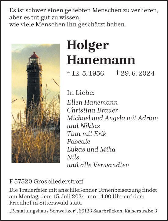 Traueranzeige von Holger Hanemann von saarbruecker_zeitung