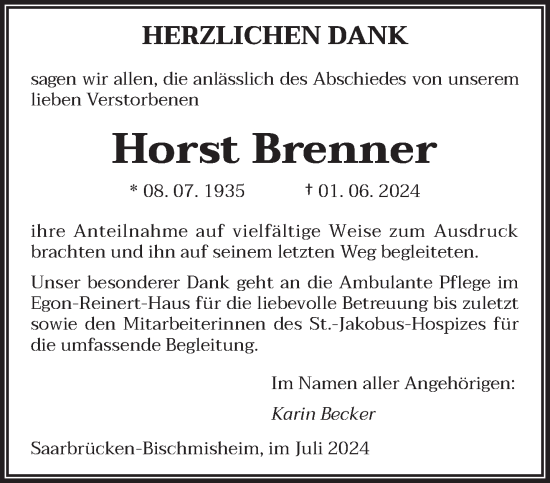 Traueranzeige von Horst Brenner von saarbruecker_zeitung