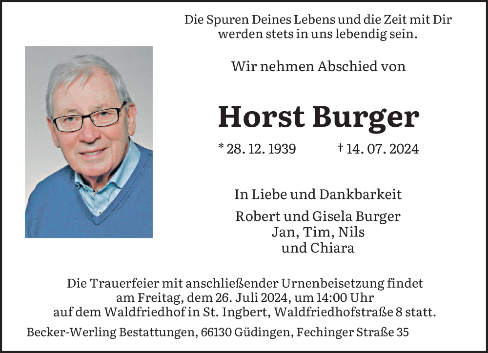  Traueranzeige für Horst Burger vom 20.07.2024 aus saarbruecker_zeitung