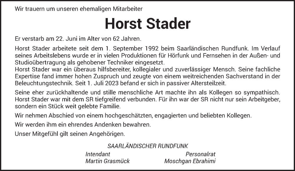  Traueranzeige für Horst Stader vom 06.07.2024 aus saarbruecker_zeitung