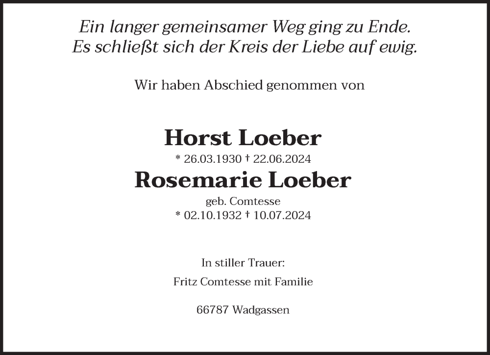  Traueranzeige für Horst und Rosemarie Loeber vom 20.07.2024 aus saarbruecker_zeitung