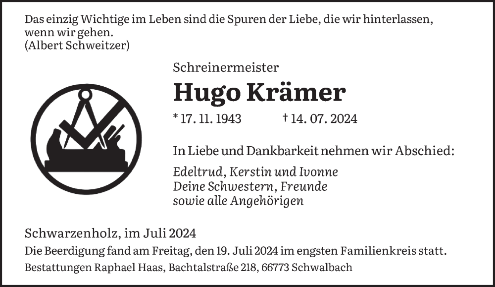  Traueranzeige für Hugo Krämer vom 20.07.2024 aus saarbruecker_zeitung