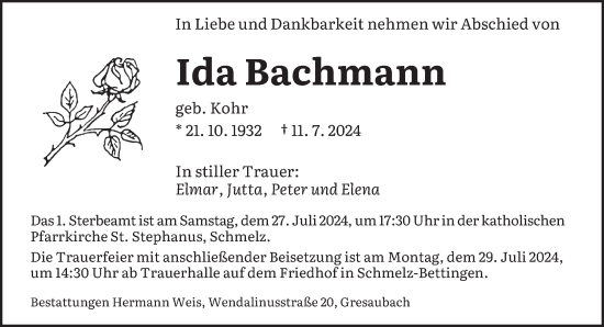 Traueranzeige von Ida Bachmann von saarbruecker_zeitung