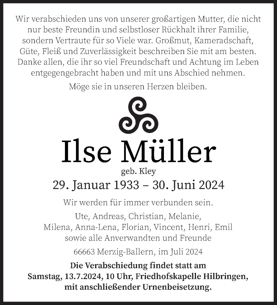  Traueranzeige für Ilse Müller vom 06.07.2024 aus saarbruecker_zeitung